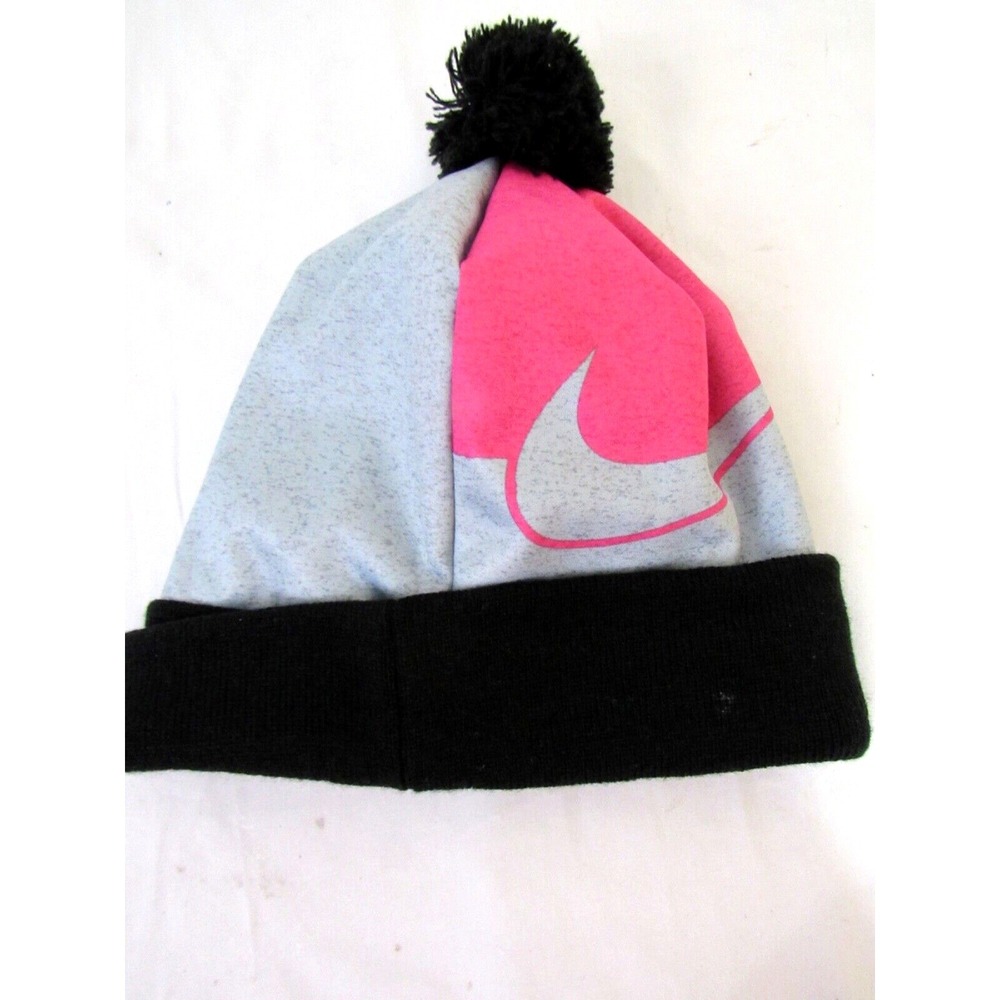 Nike Pink Gray Black Knit Cuff Beanie Skull‎ Cap Pom Pom Youth Boy's 8-20 - Picture 5 of 5